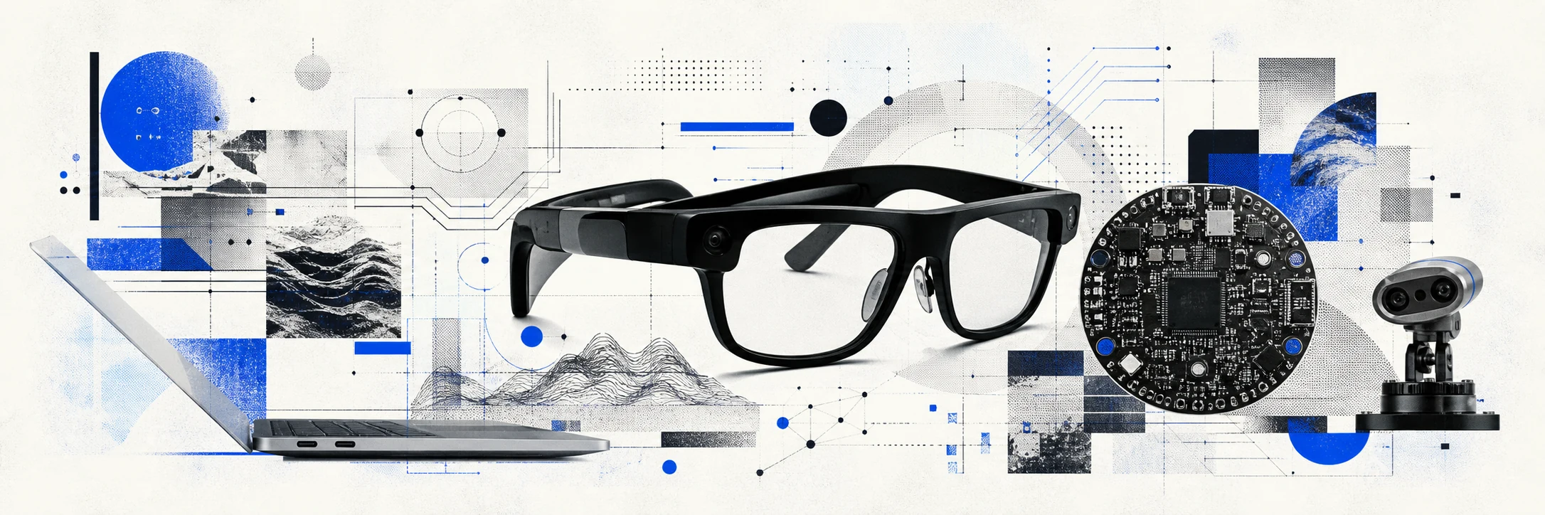 Stencil collage of spatial-computing glasses, connected hardware, a laptop, and an industrial sensor